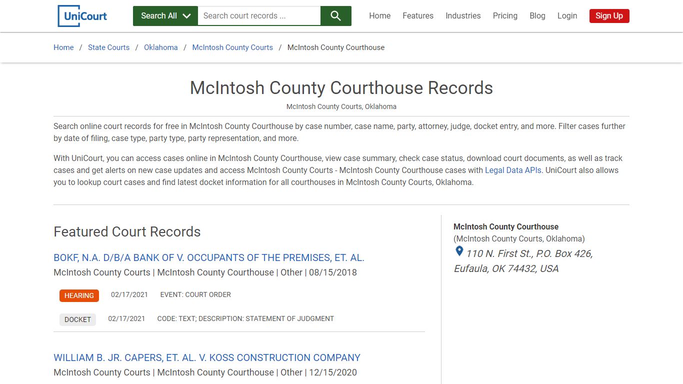 McIntosh County Courthouse Records | McIntosh | UniCourt